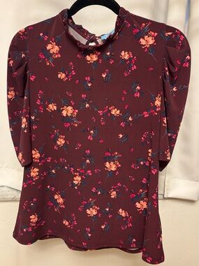 CeCe Burgundy Floral Mock-Neck Blouse